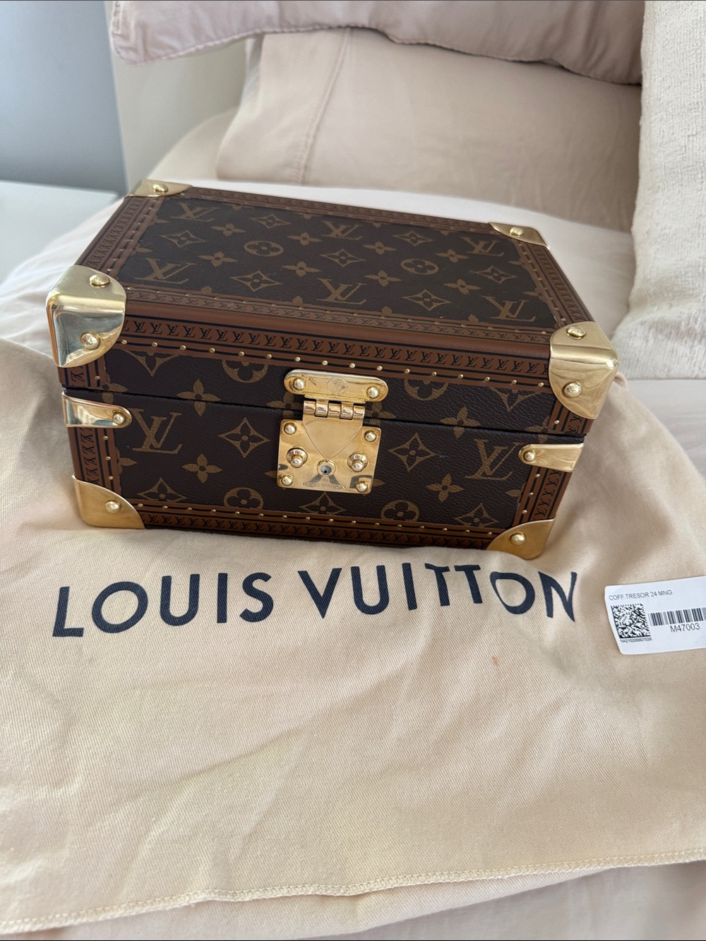 Louis Vuitton Brown Monogram Petite Trunk Jewelry Box with Gold Hardware.